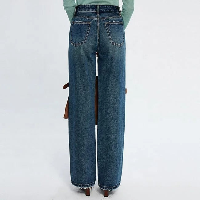 Blue high-waist straight leg jeans with faded wash