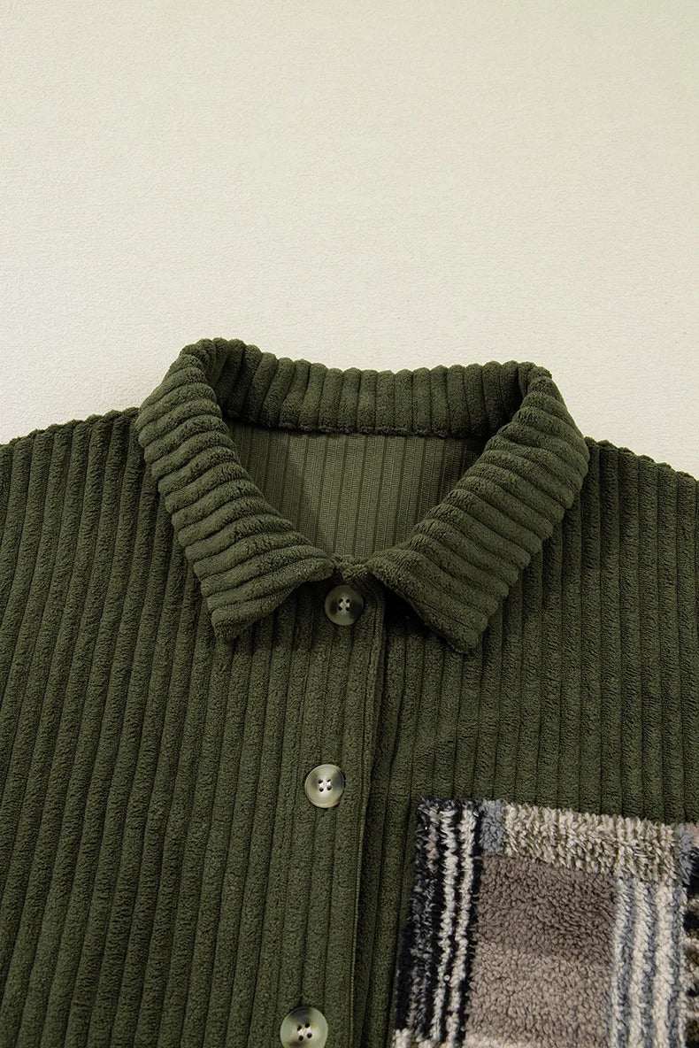 Olive ribbed patchwork shirt jacket