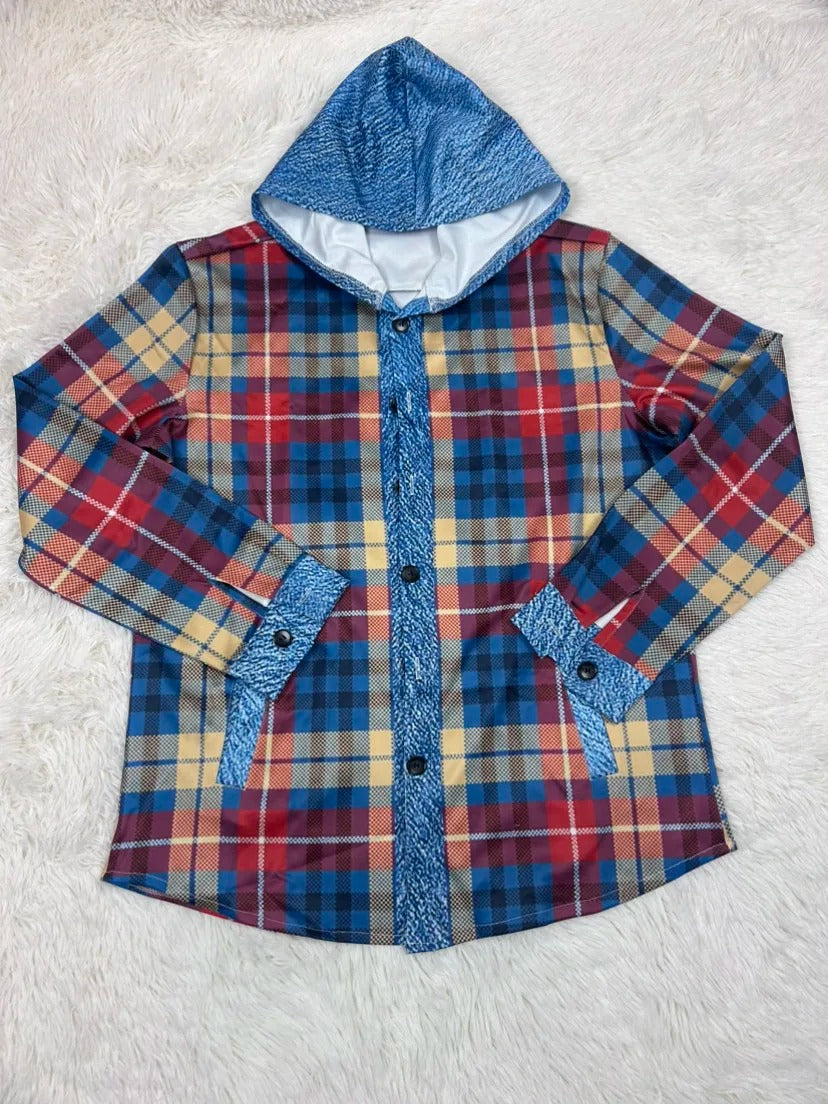 Plaid Hooded Jacket with Denim Contrast Details