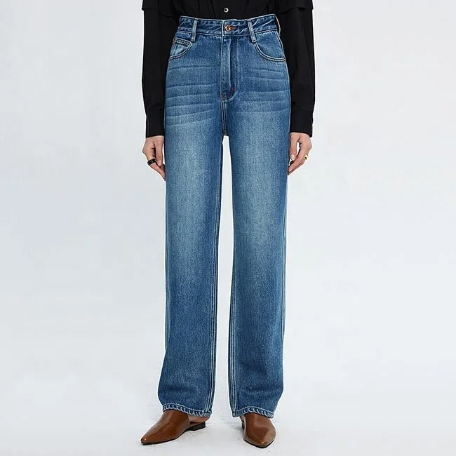 Straight-Leg Blue Jeans with Faded Front Detail