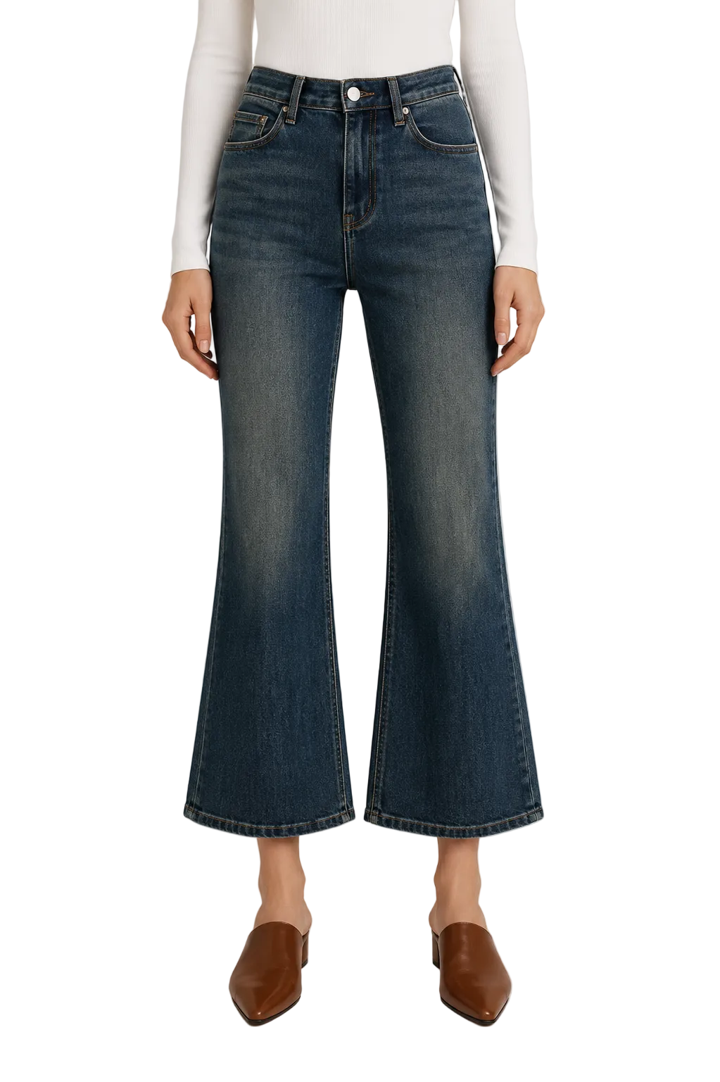 Blue high-waist cropped flare jeans with faded wash