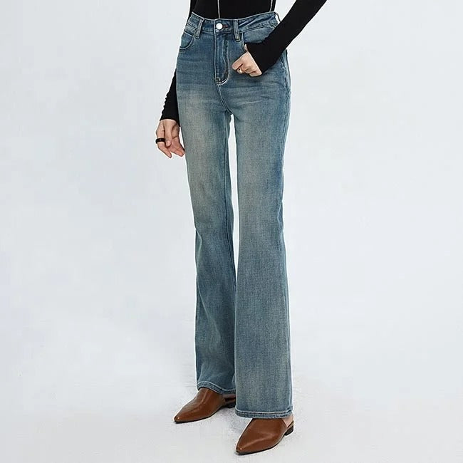 Blue high-waist straight flare jeans with faded wash