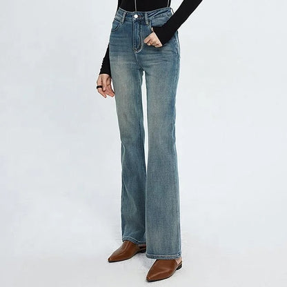 Blue high-waist straight flare jeans with faded wash