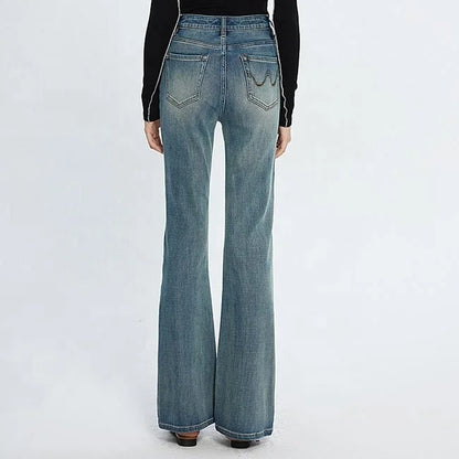 Blue high-waist straight flare jeans with faded wash