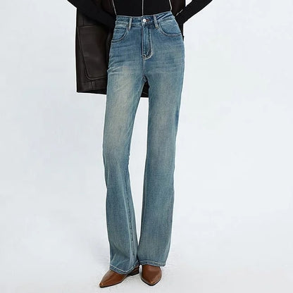 Blue high-waist straight flare jeans with faded wash
