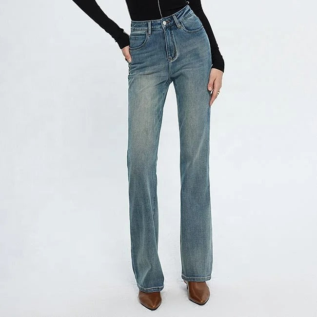 Blue high-waist straight flare jeans with faded wash