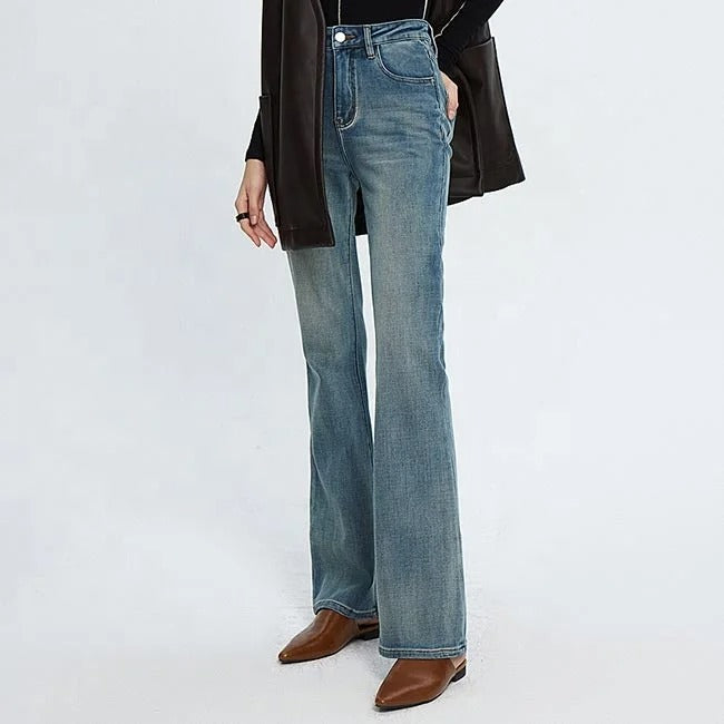 Blue high-waist straight flare jeans with faded wash