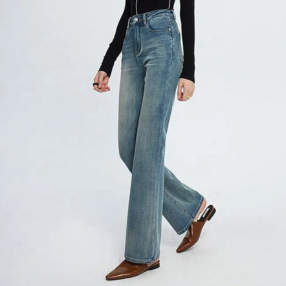 Blue high-waist straight flare jeans with faded wash