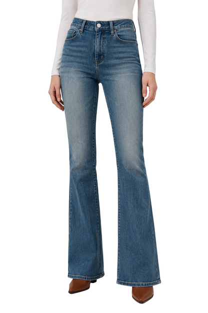Blue high-waist straight flare jeans with faded wash