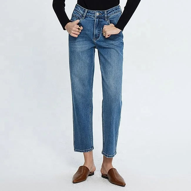 Blue high-waist straight leg cropped jeans with faded wash