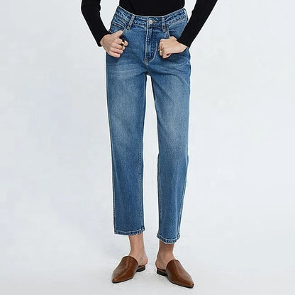 Blue high-waist straight leg cropped jeans with faded wash