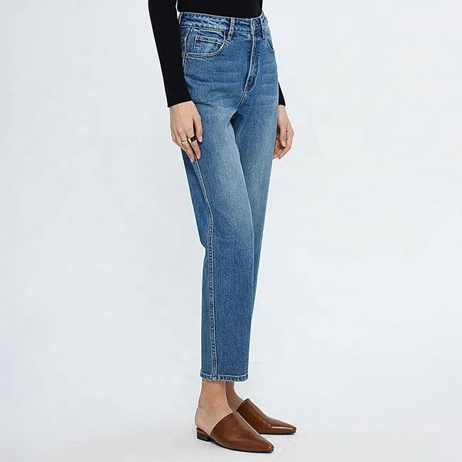 Blue high-waist straight leg cropped jeans with faded wash