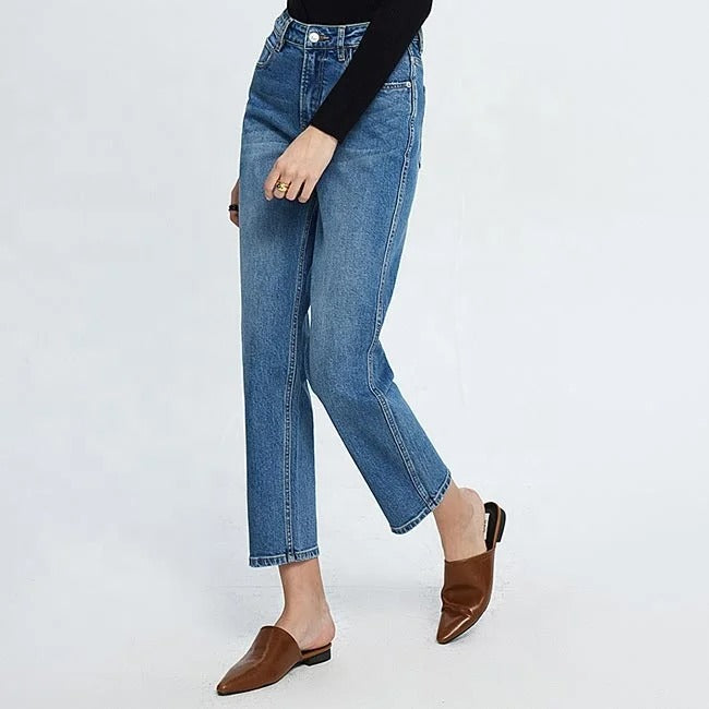Blue high-waist straight leg cropped jeans with faded wash