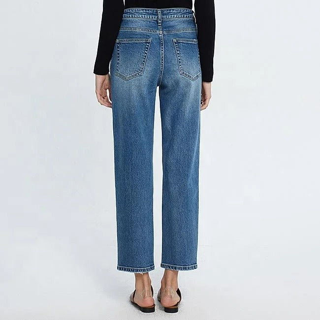Blue high-waist straight leg cropped jeans with faded wash
