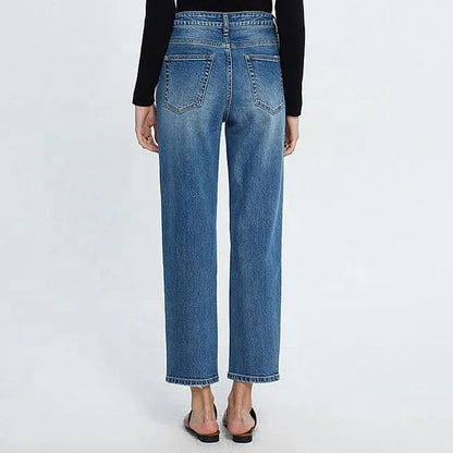 Blue high-waist straight leg cropped jeans with faded wash