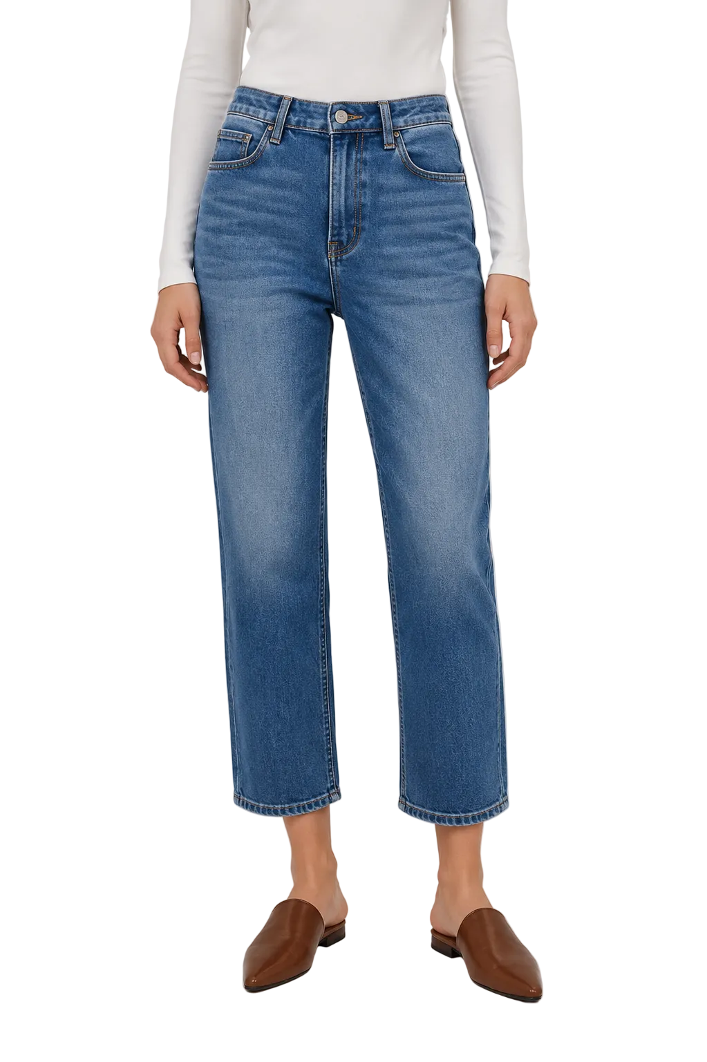 Blue high-waist straight leg cropped jeans with faded wash