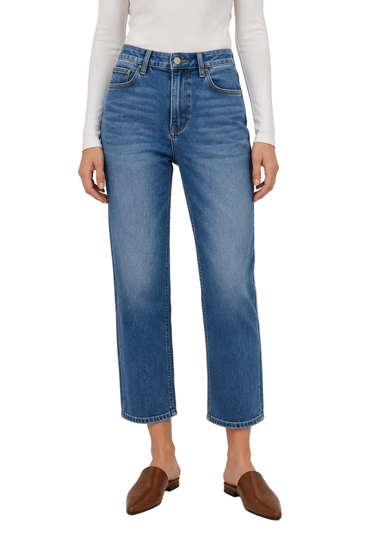 Blue high-waist straight leg cropped jeans with faded wash