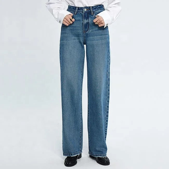 Blue high-waist straight leg jeans with faded panels