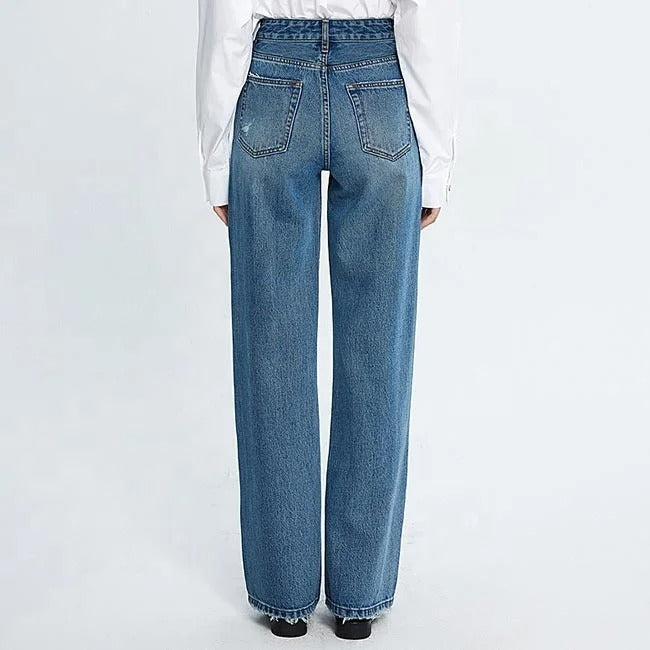 Blue high-waist straight leg jeans with faded panels