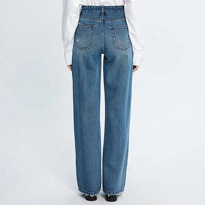 Blue high-waist straight leg jeans with faded panels