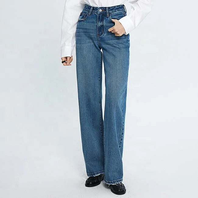 Blue high-waist straight leg jeans with faded panels
