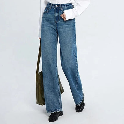 Blue high-waist straight leg jeans with faded panels