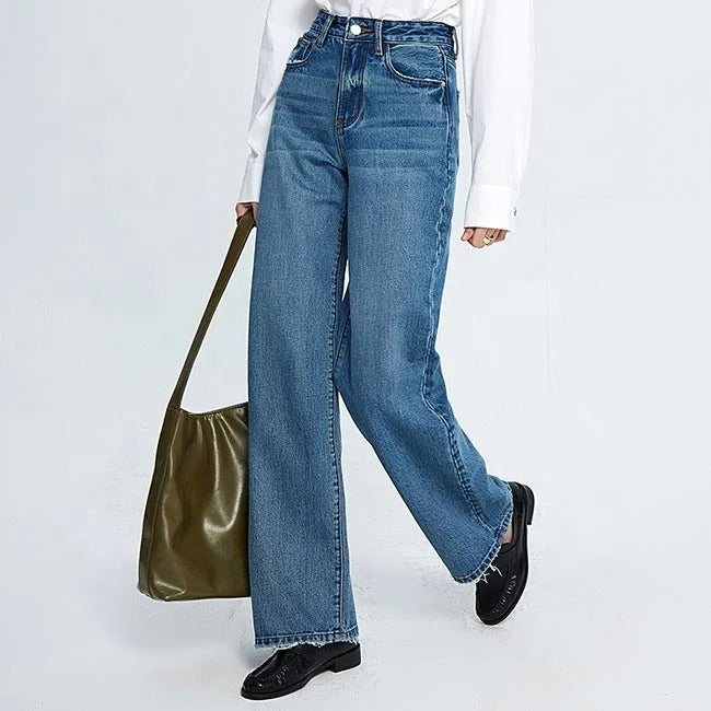 Blue high-waist straight leg jeans with faded panels