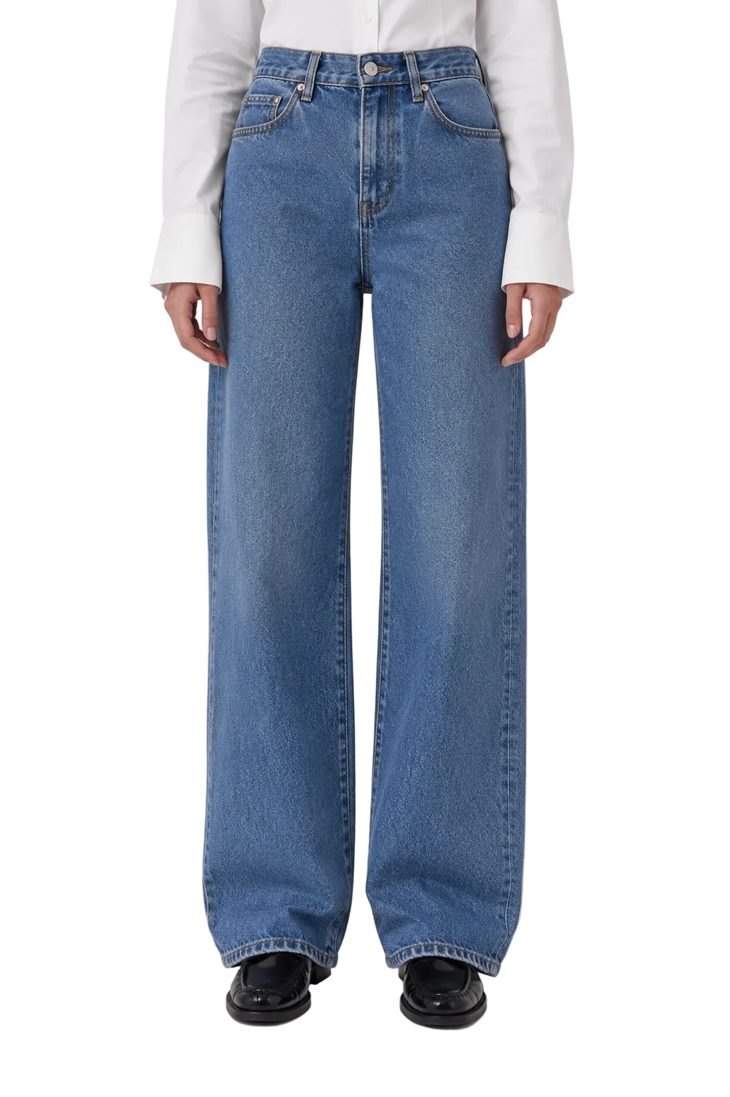 Blue high-waist straight leg jeans with faded panels