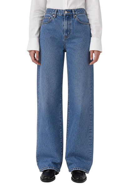 Blue high-waist straight leg jeans with faded panels