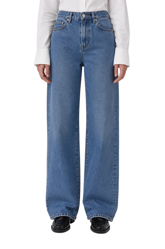 Blue high-waist straight leg jeans with faded panels