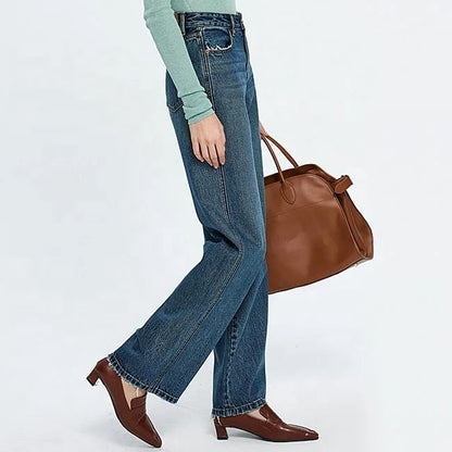 Blue high-waist straight leg jeans with faded wash