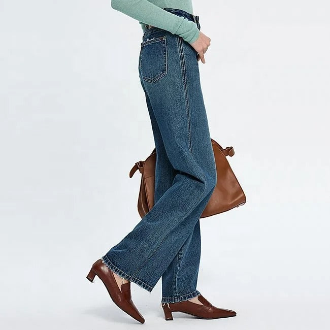 Blue high-waist straight leg jeans with faded wash