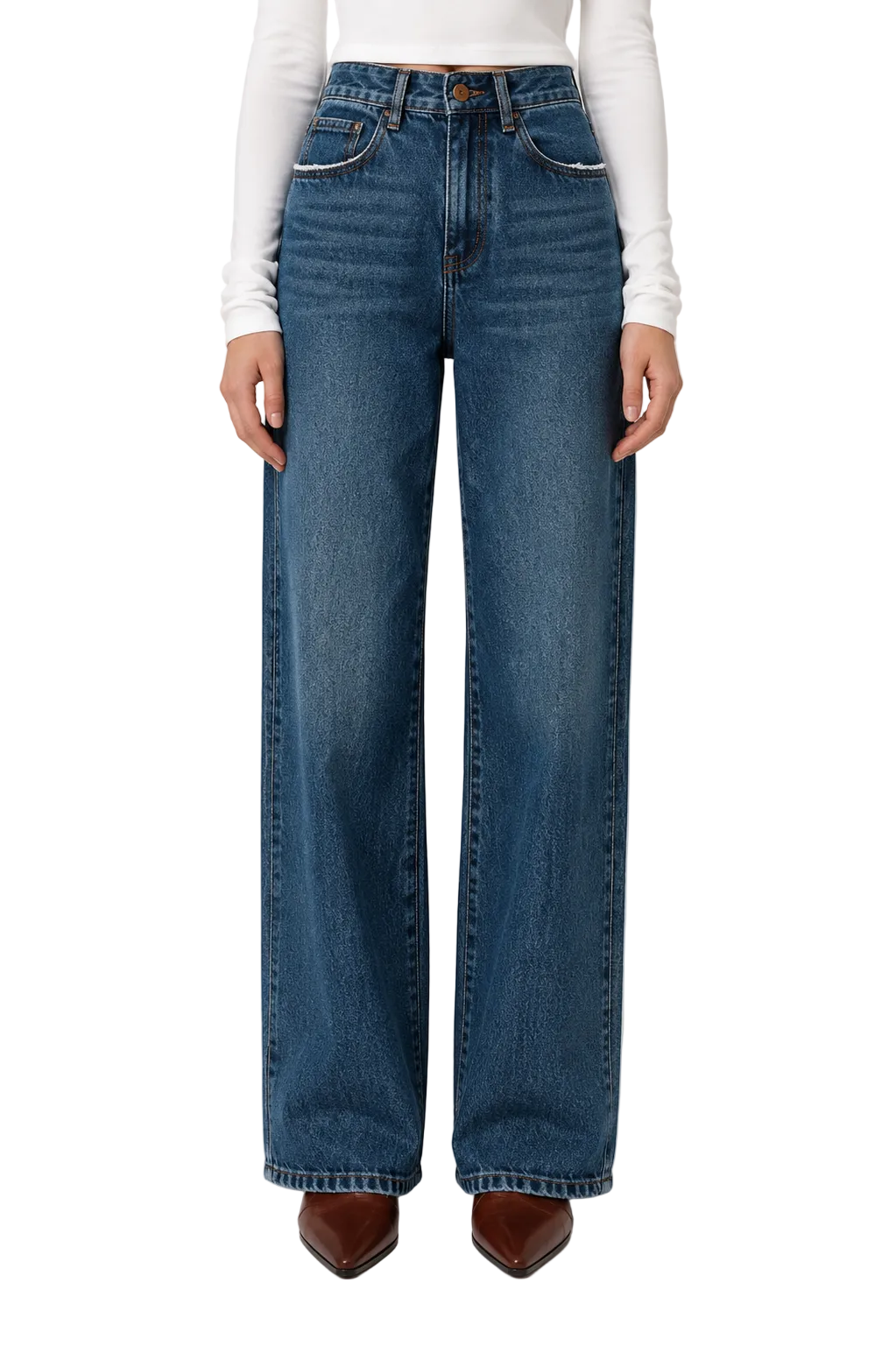 Blue high-waist straight leg jeans with faded wash