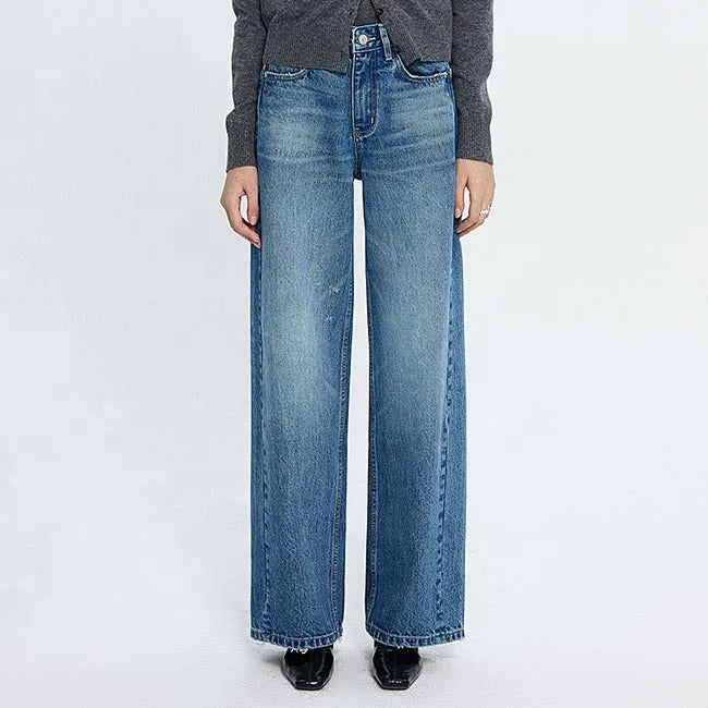 Blue high-waist wide leg jeans with faded wash
