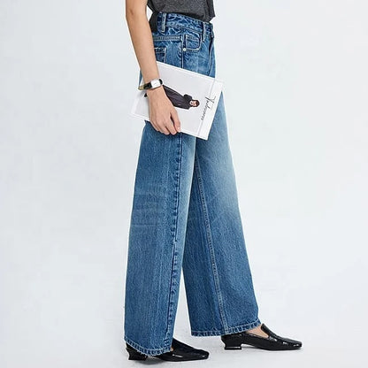Blue high-waist wide leg jeans with faded wash