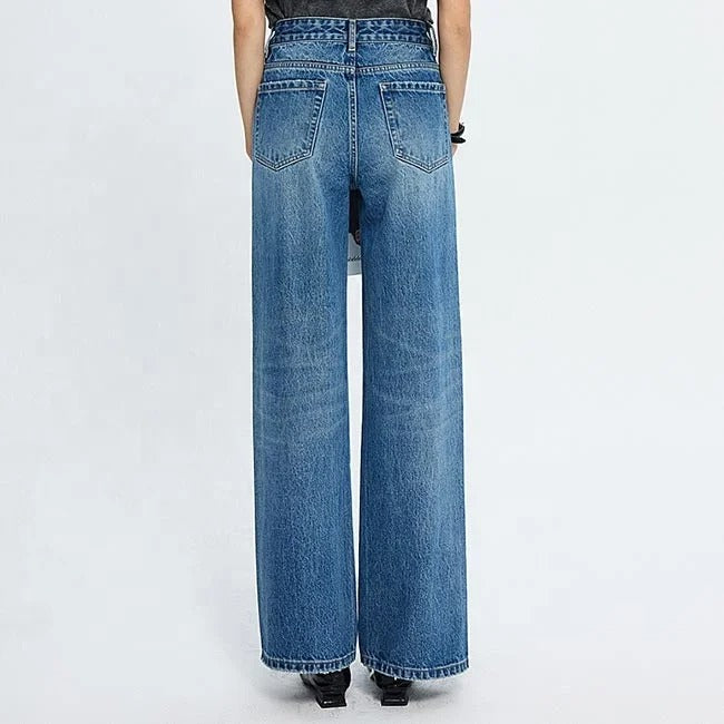 Blue high-waist wide leg jeans with faded wash