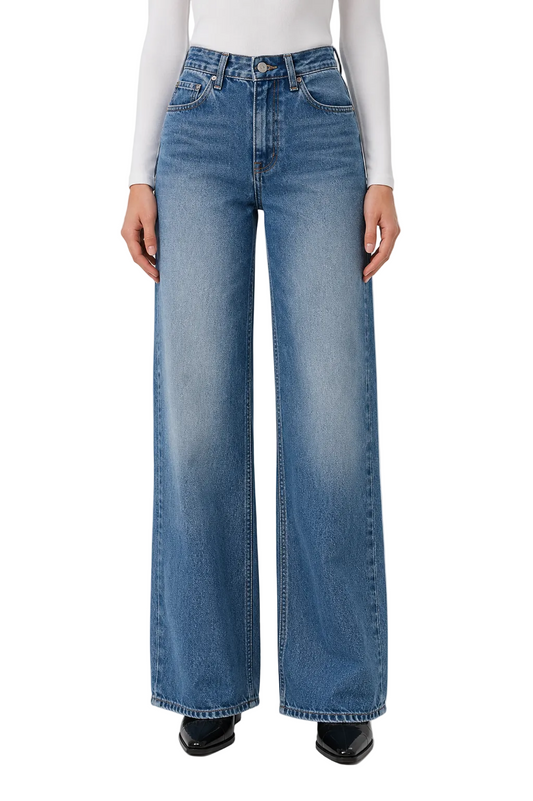 Blue high-waist wide leg jeans with faded wash