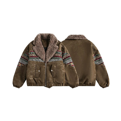 Brown Aviator Jacket with Tribal Sleeves and Sherpa Collar