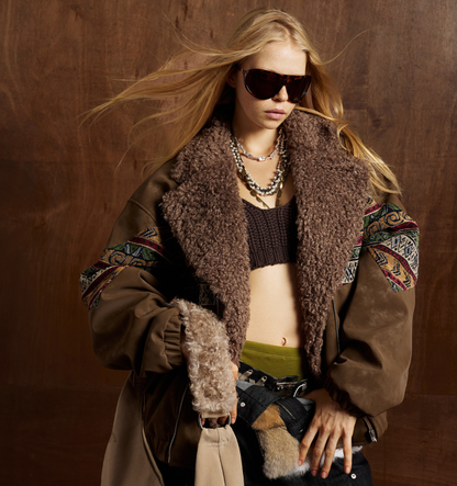 Brown Aviator Jacket with Tribal Sleeves and Sherpa Collar