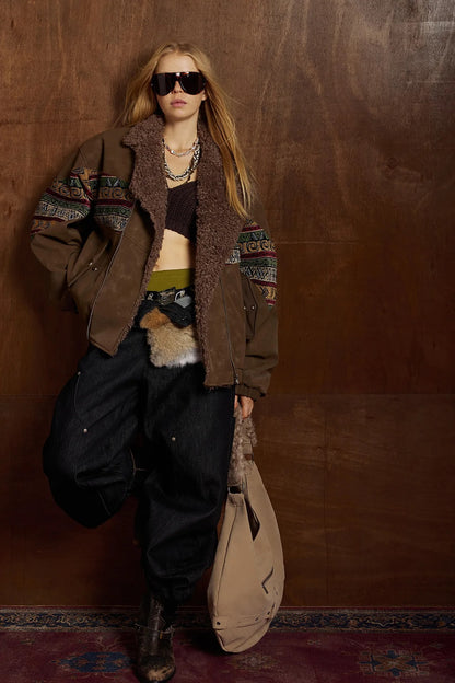 Brown Aviator Jacket with Tribal Sleeves and Sherpa Collar