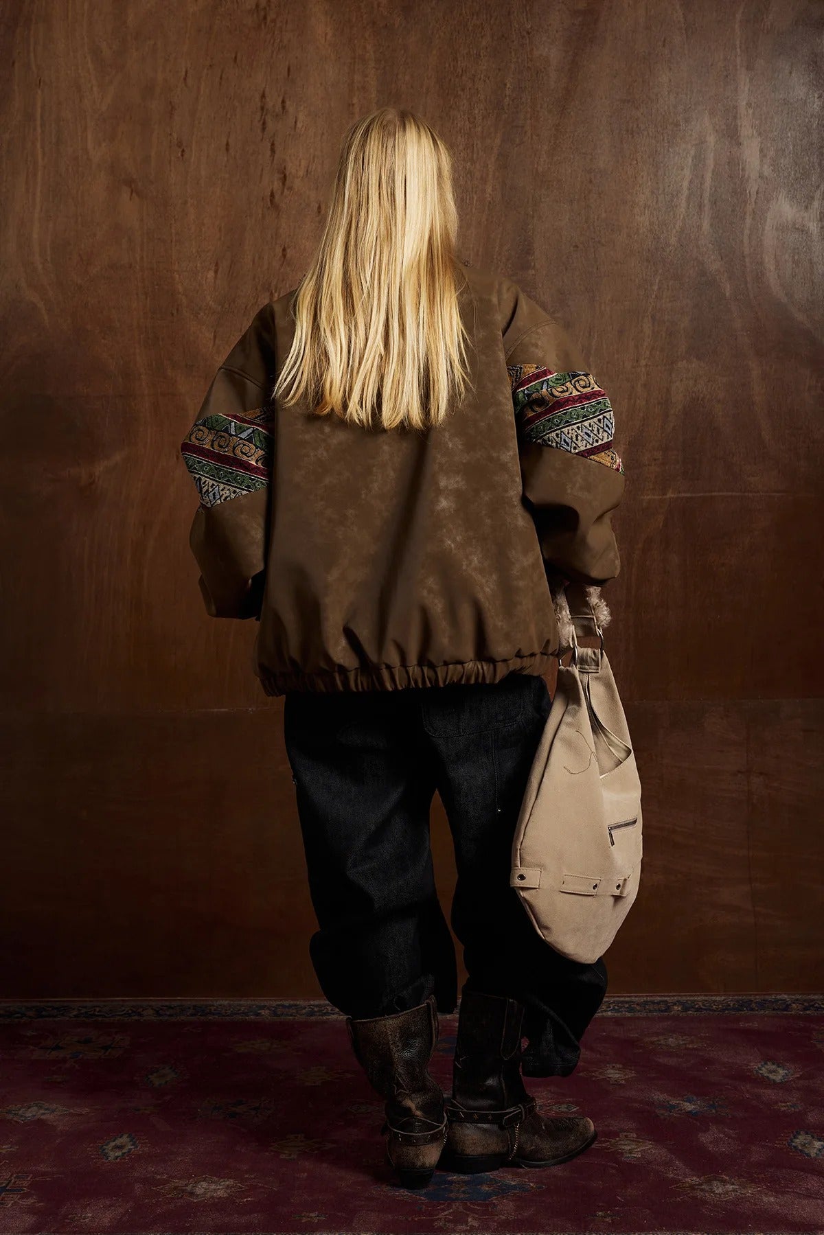 Brown Aviator Jacket with Tribal Sleeves and Sherpa Collar