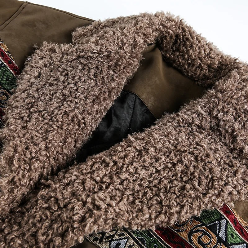 Brown Aviator Jacket with Tribal Sleeves and Sherpa Collar