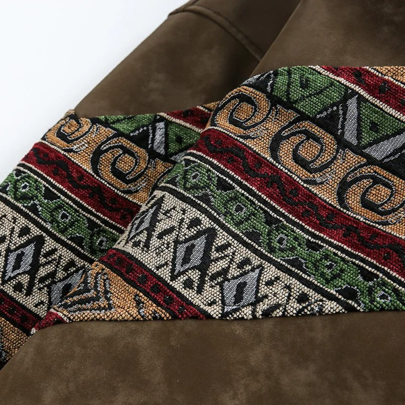 Brown Aviator Jacket with Tribal Sleeves and Sherpa Collar