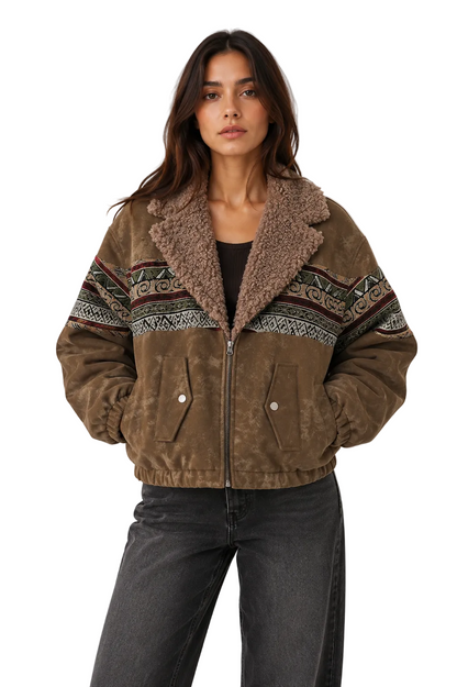 Brown Aviator Jacket with Tribal Sleeves and Sherpa Collar