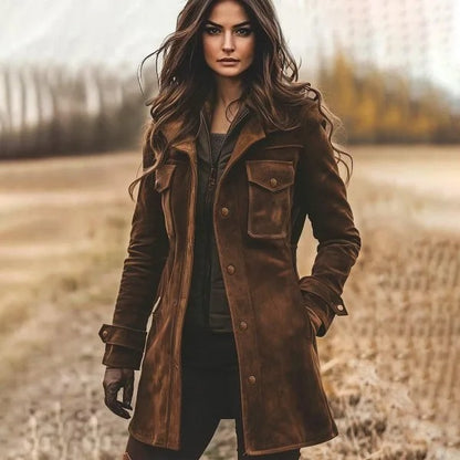 Brown button-front jacket with flap chest pockets