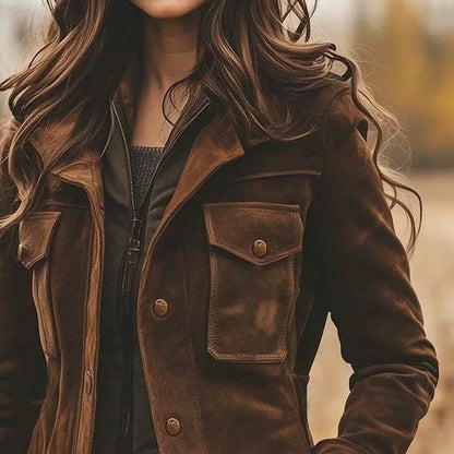 Brown button-front jacket with flap chest pockets