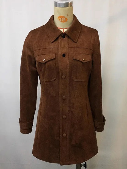 Brown button-front jacket with flap chest pockets