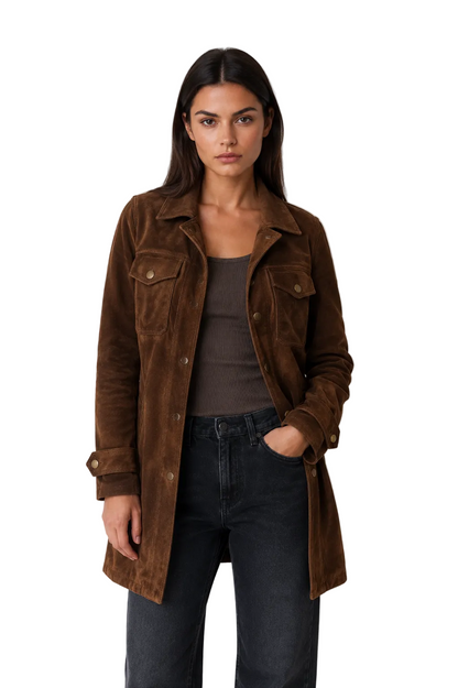 Brown button-front jacket with flap chest pockets
