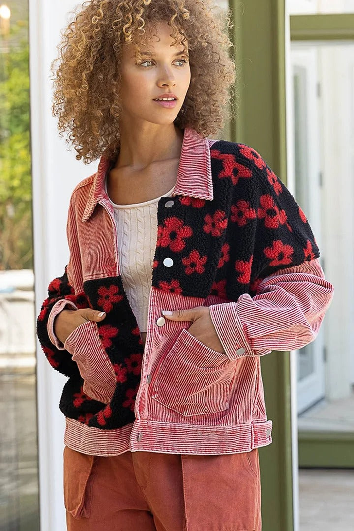Corduroy Patchwork Jacket with Floral Contrast Panels