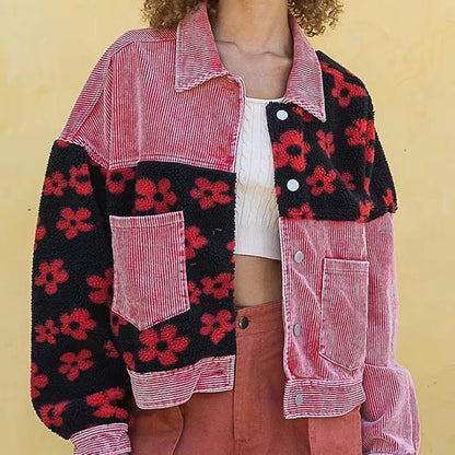Corduroy Patchwork Jacket with Floral Contrast Panels